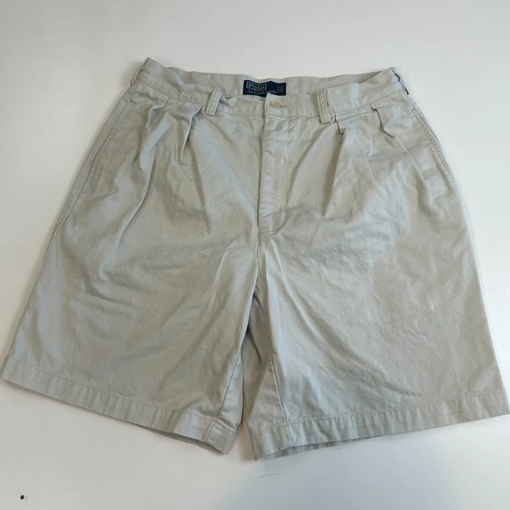 Polo Ralph Lauren Mens 34 Tyler Short Pleated Beige Chino Shorts Vintage Khaki